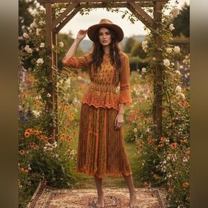 Boho Styled Orange Floral and Lace Embellished Dress